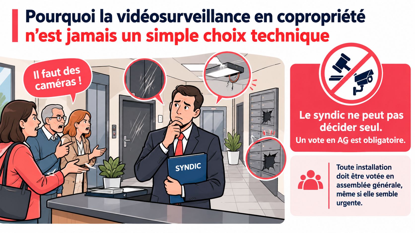 Une illustration montrant des copropriétaires demandant l'installation de caméras à un syndic, soulignant l'obligation d'un vote légal.