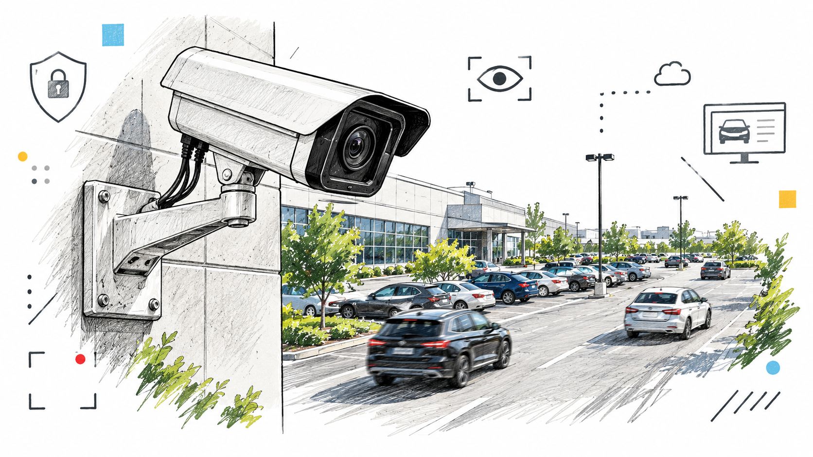 Une caméra de surveillance professionnelle fixée sur un mur extérieur surveillant un parking rempli de voitures.