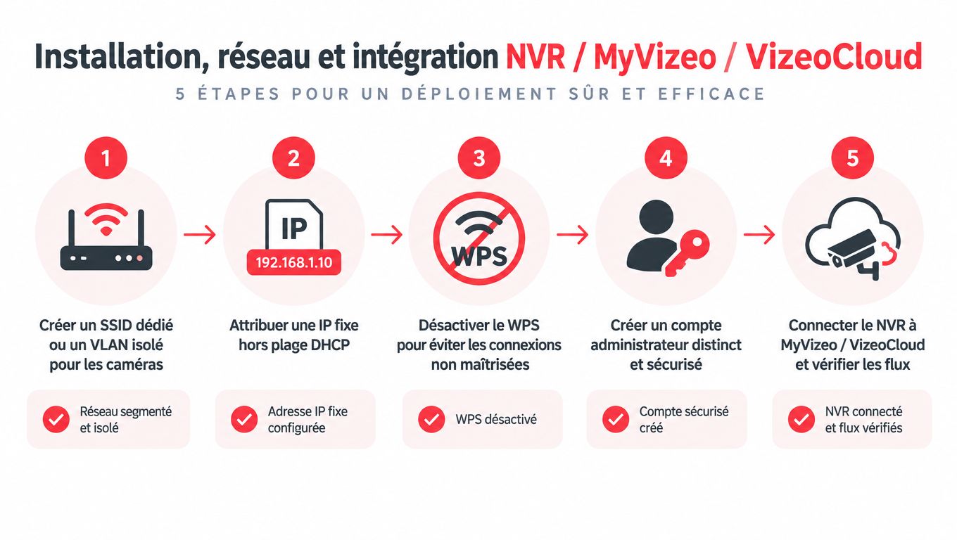 Infographie illustrant les cinq étapes essentielles pour une installation sécurisée de systèmes de vidéosurveillance NVR et cloud.