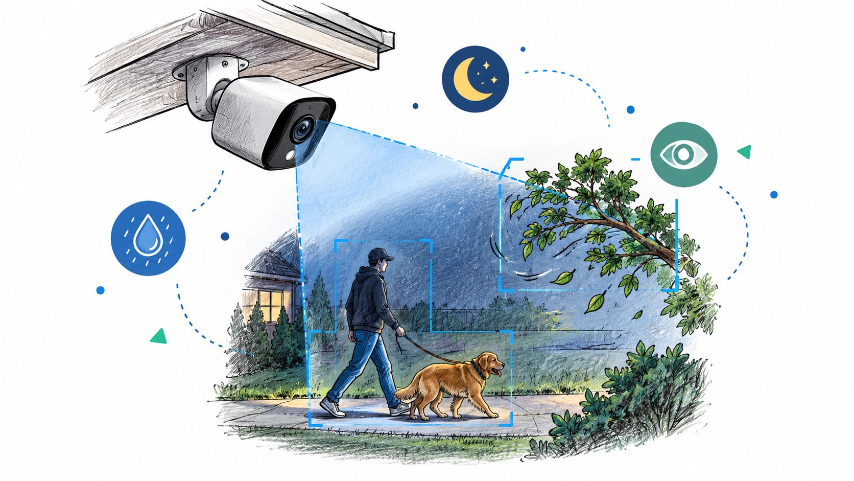 Une caméra de surveillance extérieure intelligente détectant un homme promenant son chien près d'un arbre la nuit.