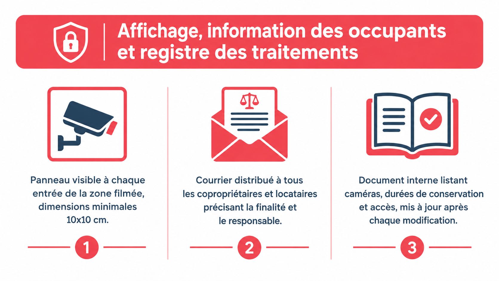 Infographie illustrant les obligations légales concernant la vidéosurveillance en copropriété, incluant affichage, information et registre de traitements.