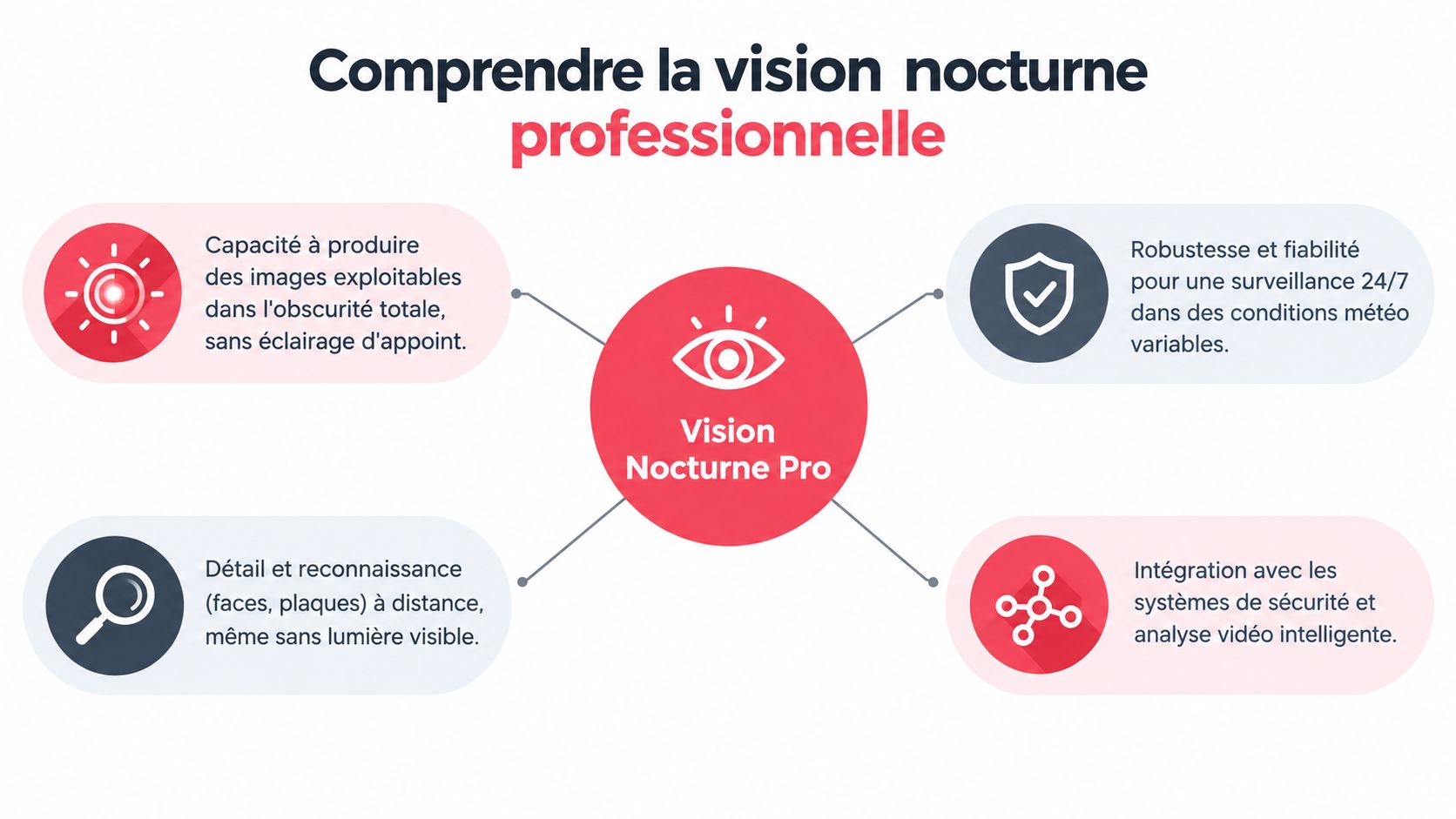 Infographie présentant les avantages clés de la technologie de vision nocturne professionnelle pour la vidéosurveillance moderne.