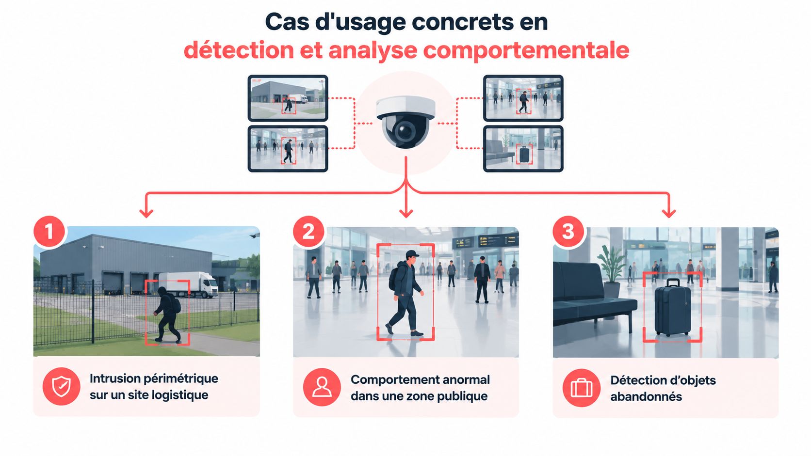 Illustration des cas d'usage de l'intelligence artificielle pour la vidéosurveillance, la détection d'intrusions et d'objets abandonnés.