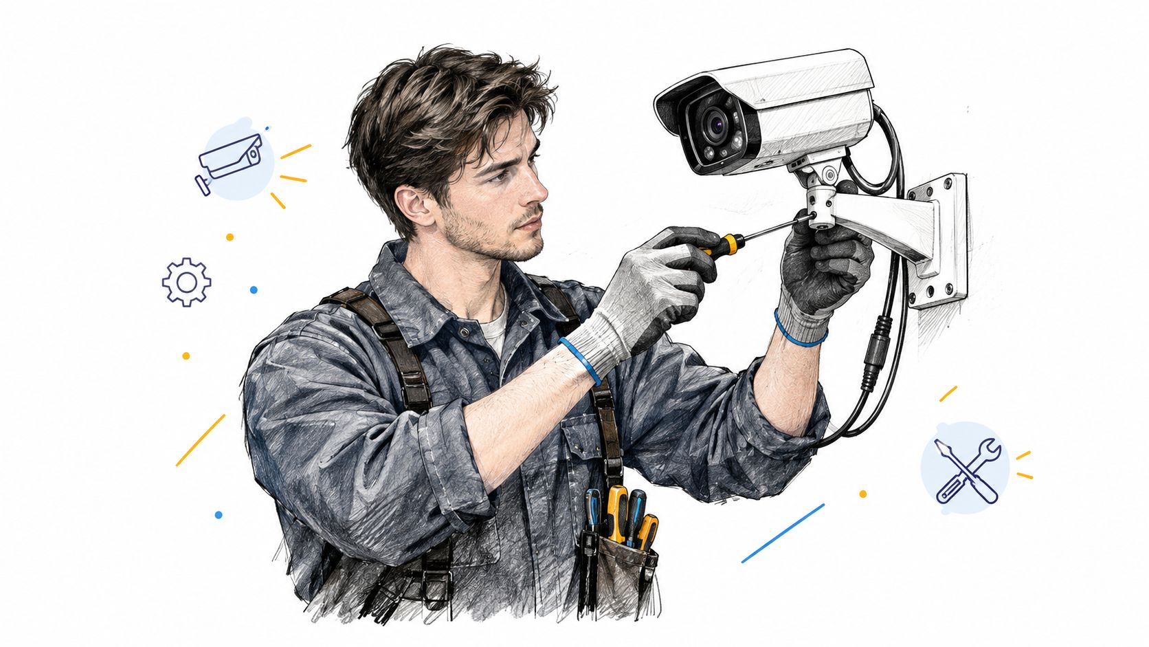 Un technicien qualifié en tenue de travail installe une caméra de surveillance professionnelle sur un mur extérieur.