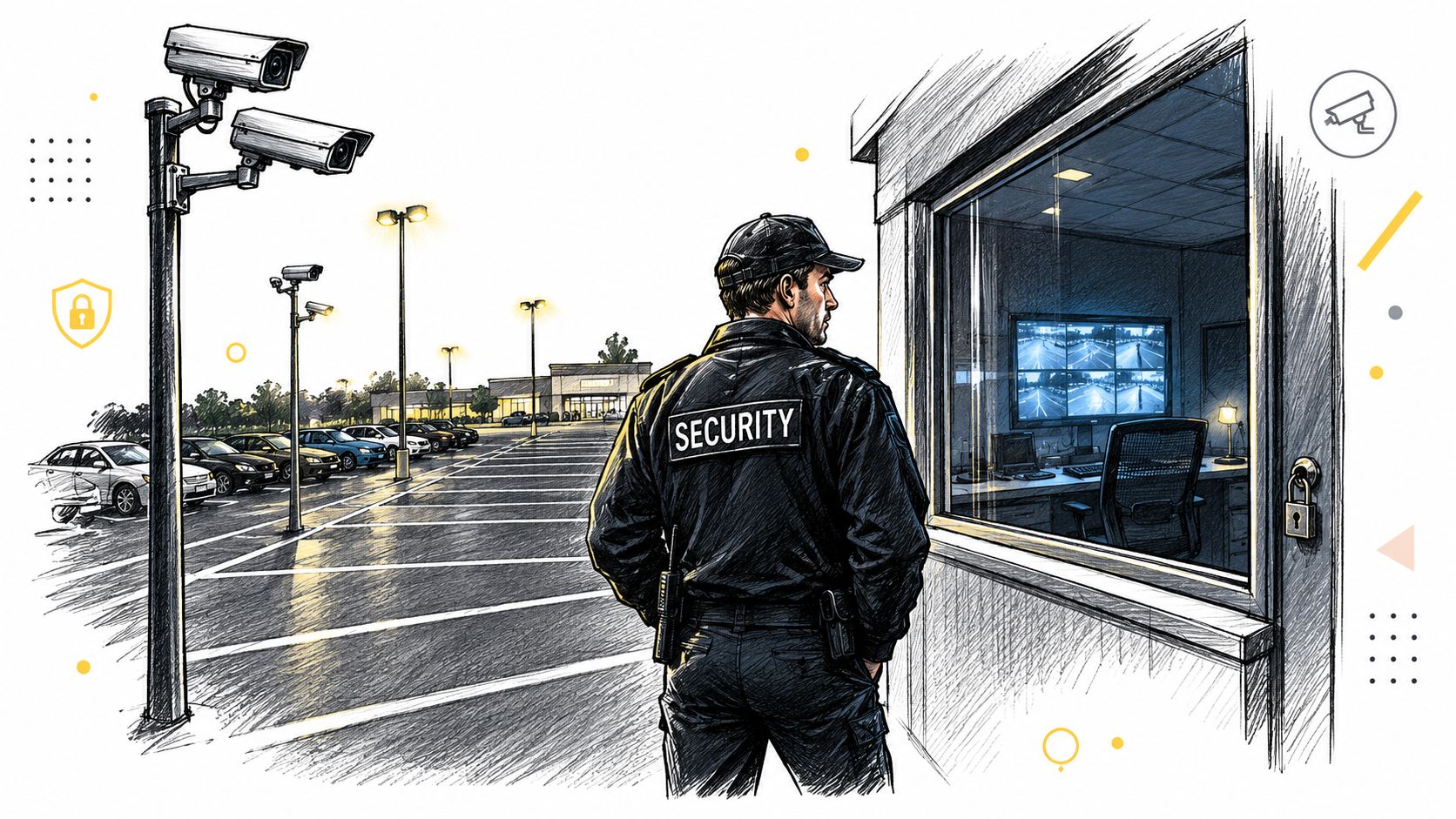 Un agent de sécurité surveille un parking depuis son poste de garde avec des caméras de surveillance extérieures.