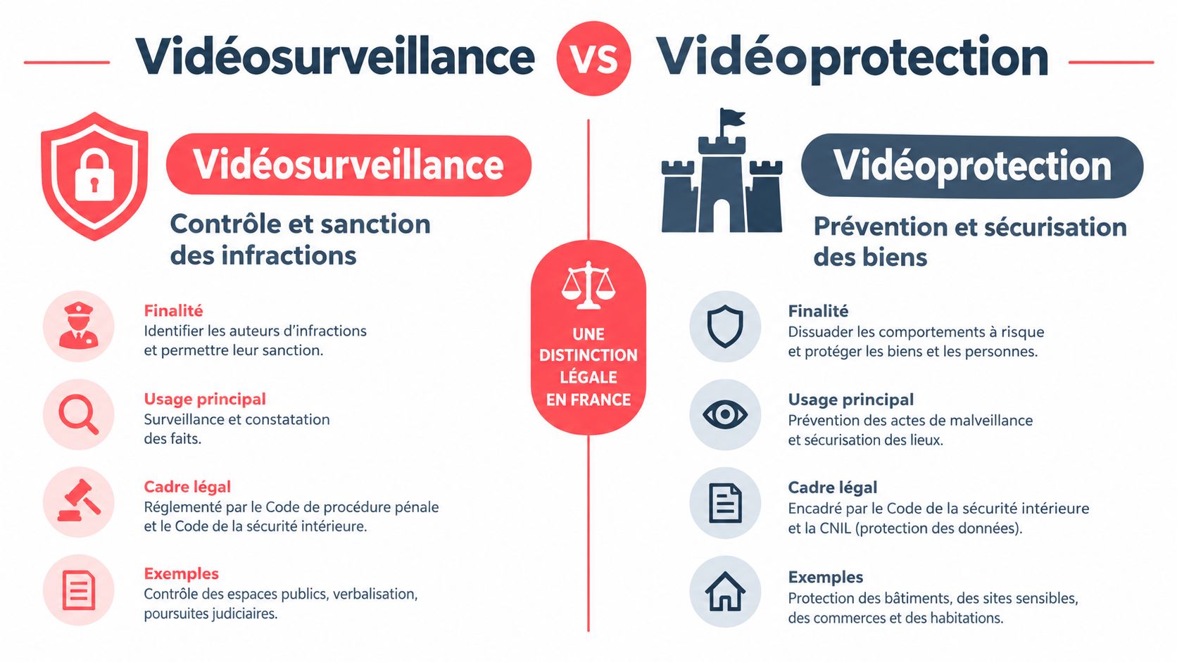 Infographie comparant la vidéosurveillance et la vidéoprotection selon leurs finalités, usages et cadres légaux en France.
