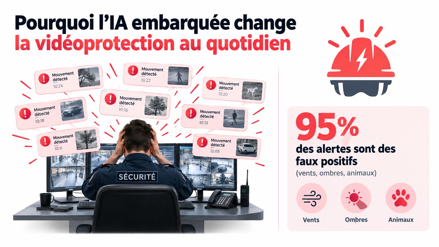 Un agent de sécurité débordé par de nombreuses fausses alertes provenant de caméras de vidéosurveillance classiques.