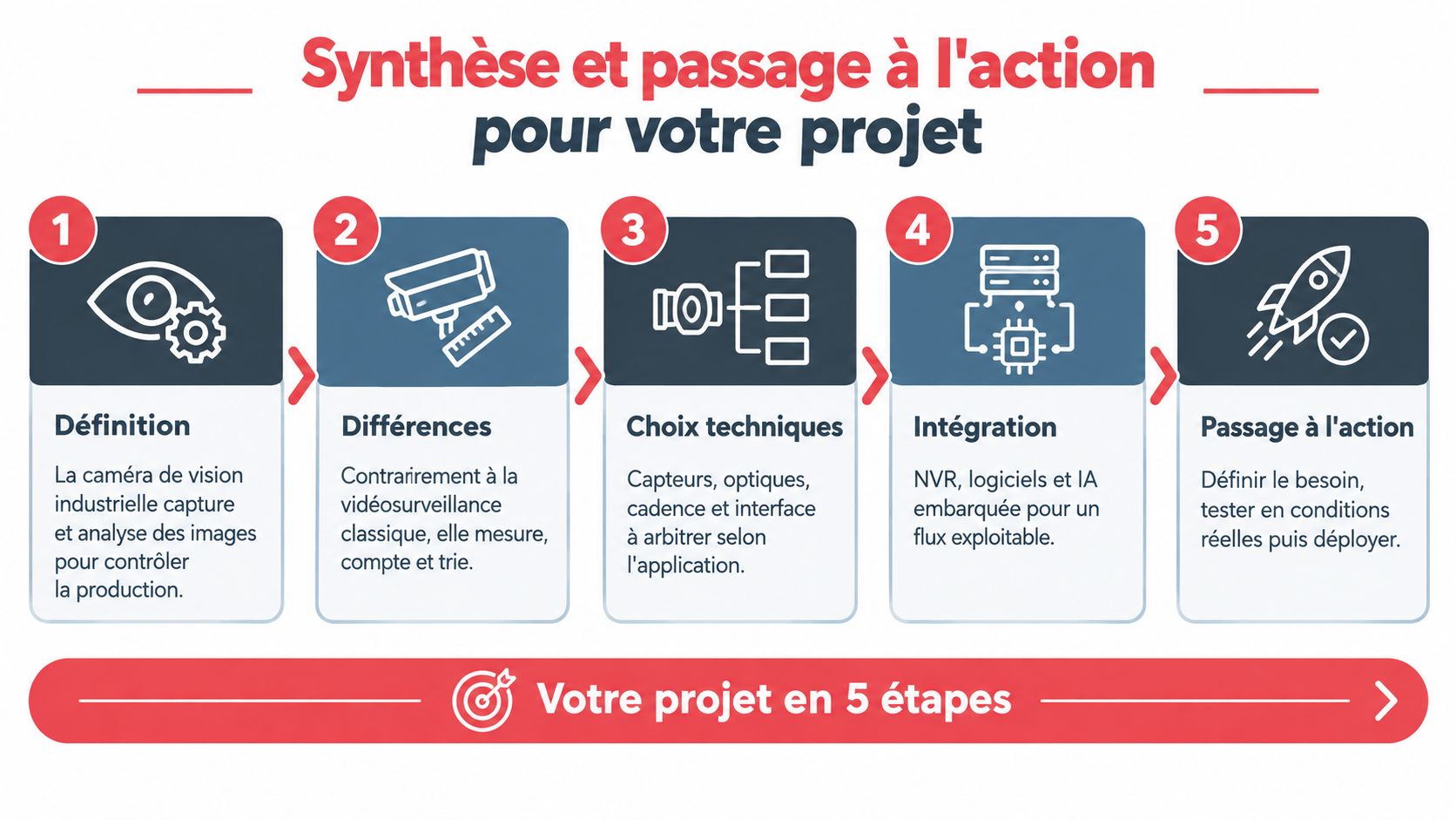 Infographie montrant les cinq étapes clés pour mettre en œuvre un projet de vision industrielle en entreprise.