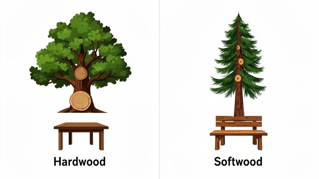 Illustration showing hardwood from a deciduous tree making a table, contrasted with softwood from a conifer making a bench.