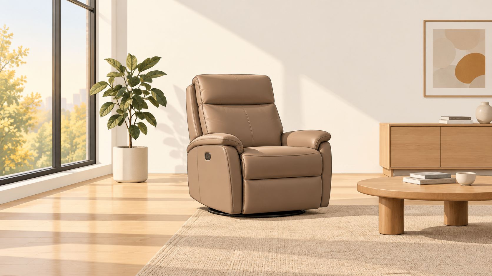 A sleek modern leather recliner chair placed in a sunlit minimalist living room with wooden furniture.