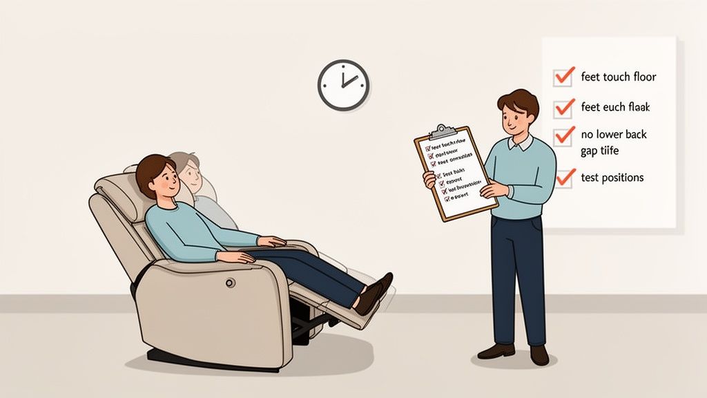 A man reclines in a chair as another man checks a comfort checklist.