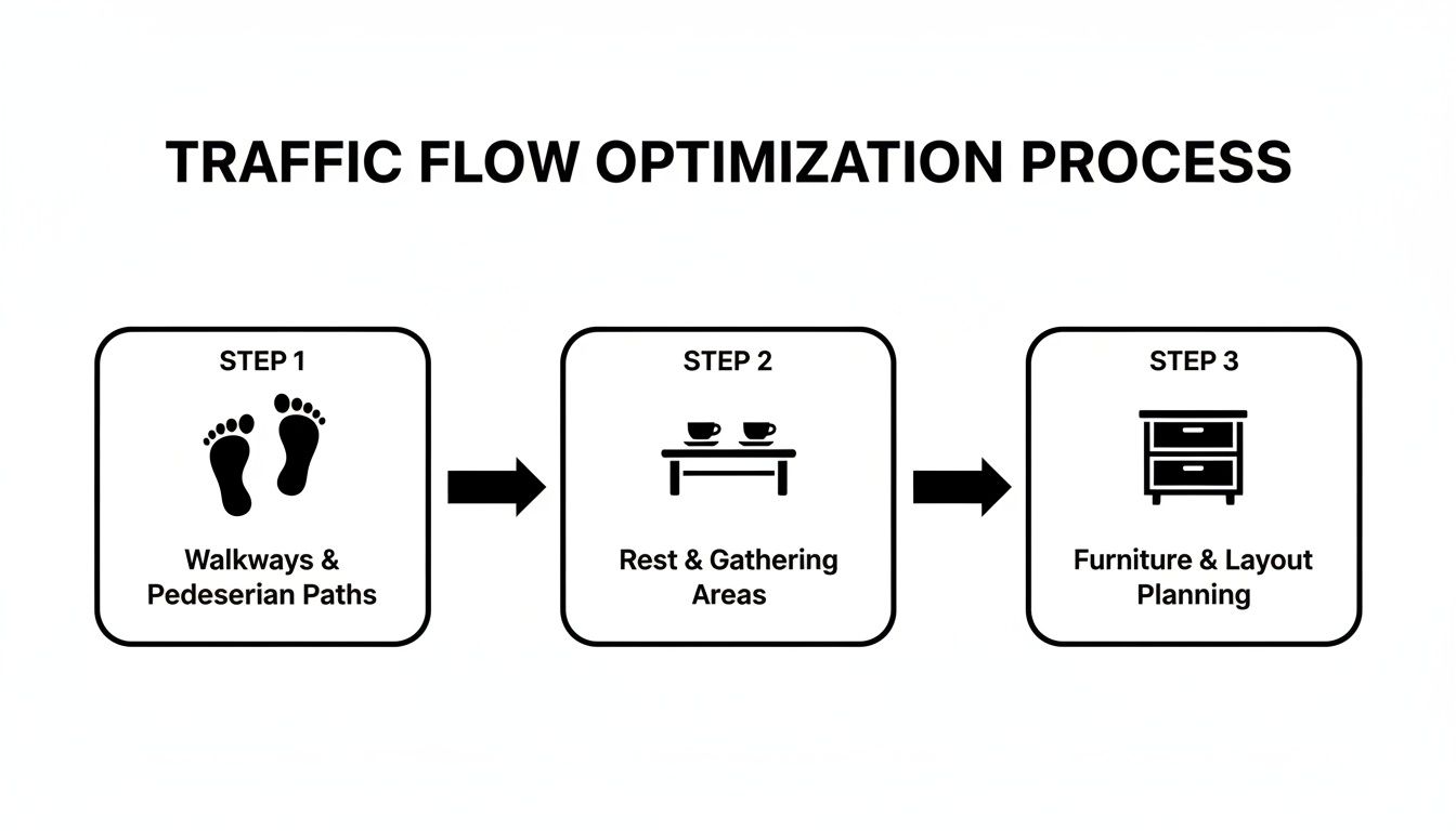 Flowchart illustrating the three-step traffic flow optimization process: walkways, rest areas, and furniture planning.