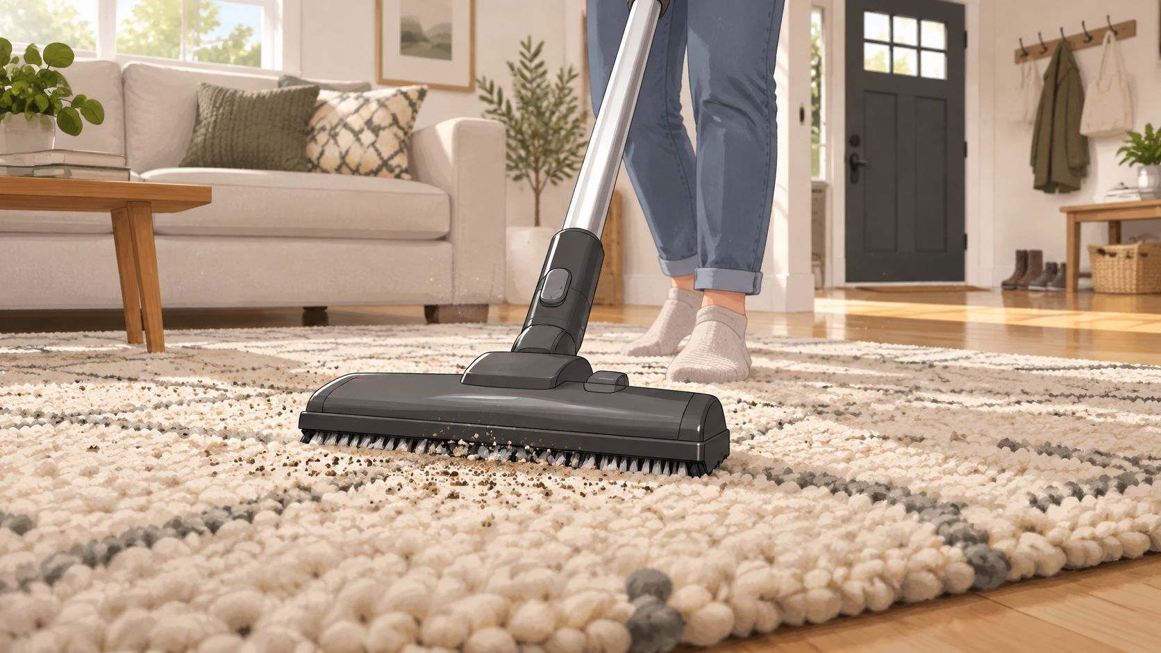 A person vacuuming a light-colored, textured wool area rug in a cozy living room at home.