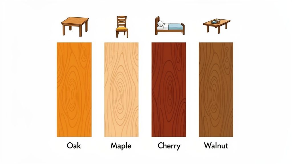 An image displaying four types of wood finishes: Oak, Maple, Cherry, and Walnut, with corresponding furniture examples above each.