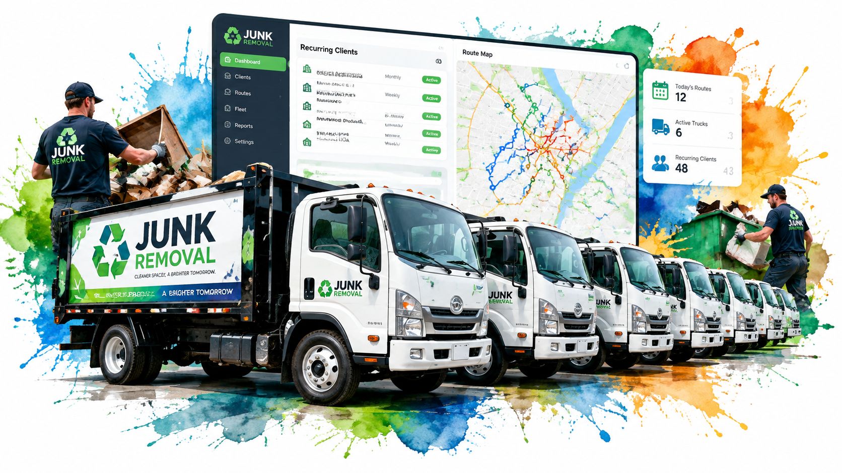 A junk removal business concept featuring a fleet of trucks, digital routing software, and workers loading debris.