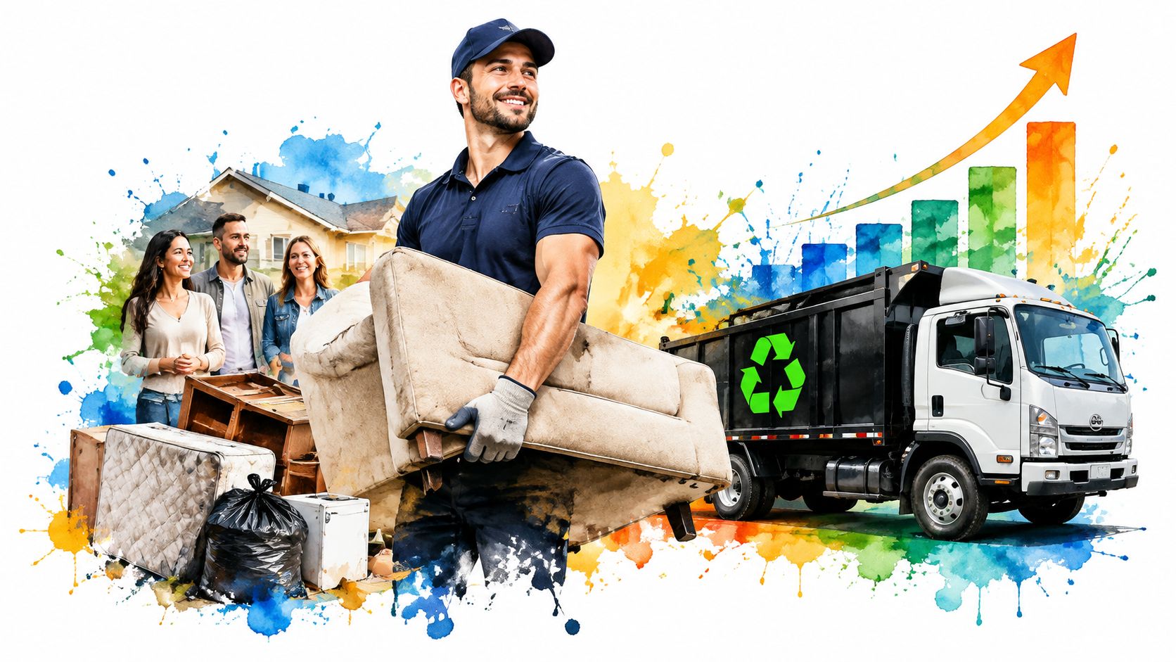 A professional junk removal worker carrying furniture towards a recycling truck with a happy family nearby.