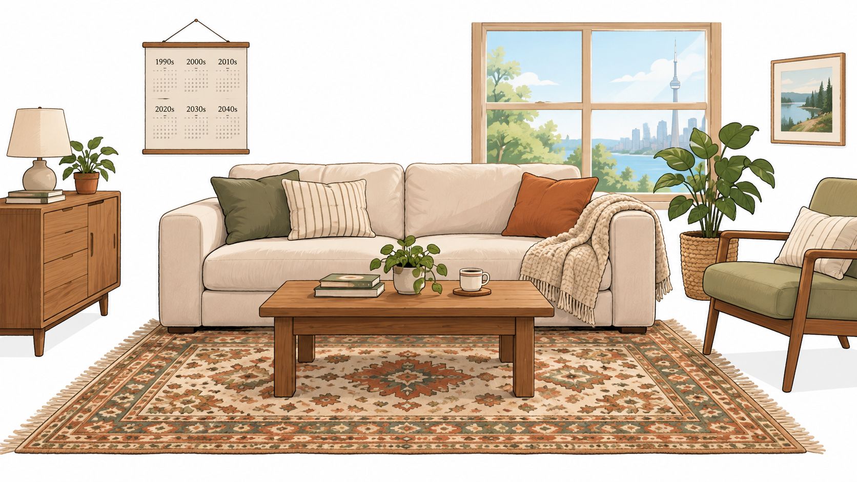 A cozy, sunlit living room featuring a neutral sofa, patterned rug, wooden coffee table, and indoor plants.