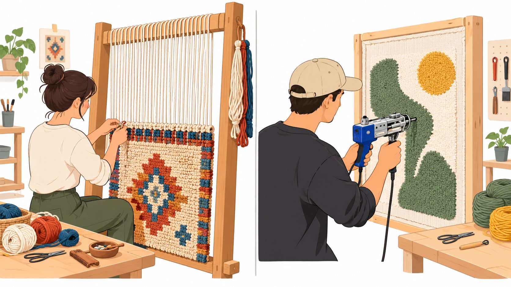 An artist hand weaving a rug on a loom next to a person using a tufting gun.