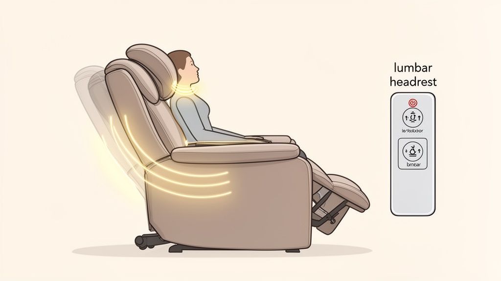 A person relaxing in a beige recliner chair with adjustable lumbar and headrest support, controlled by a remote.