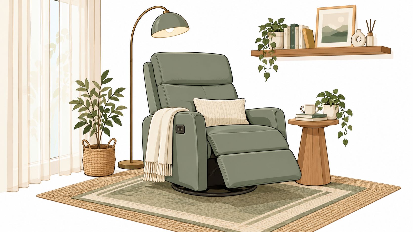 A sage green modern recliner chair sits on a textured rug in a cozy, plant-filled living room.