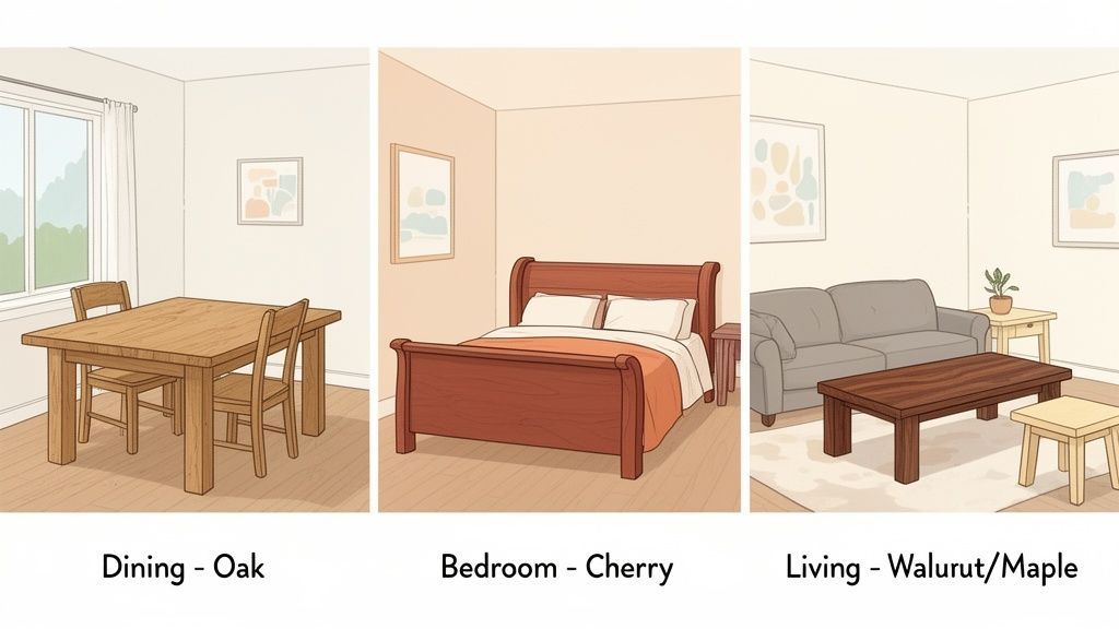 Three rooms demonstrating different wood types for furniture: dining (oak), bedroom (cherry), and living (walnut/maple).