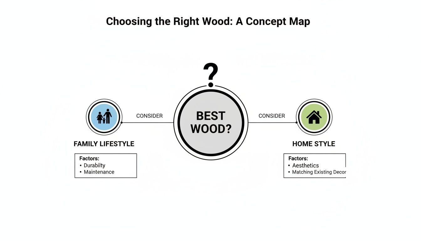 A concept map illustrating factors like family lifestyle and home style for choosing the best wood.