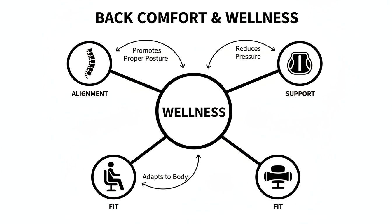 Mind map illustrating back comfort and wellness, connecting alignment, support, and fit to overall well-being.