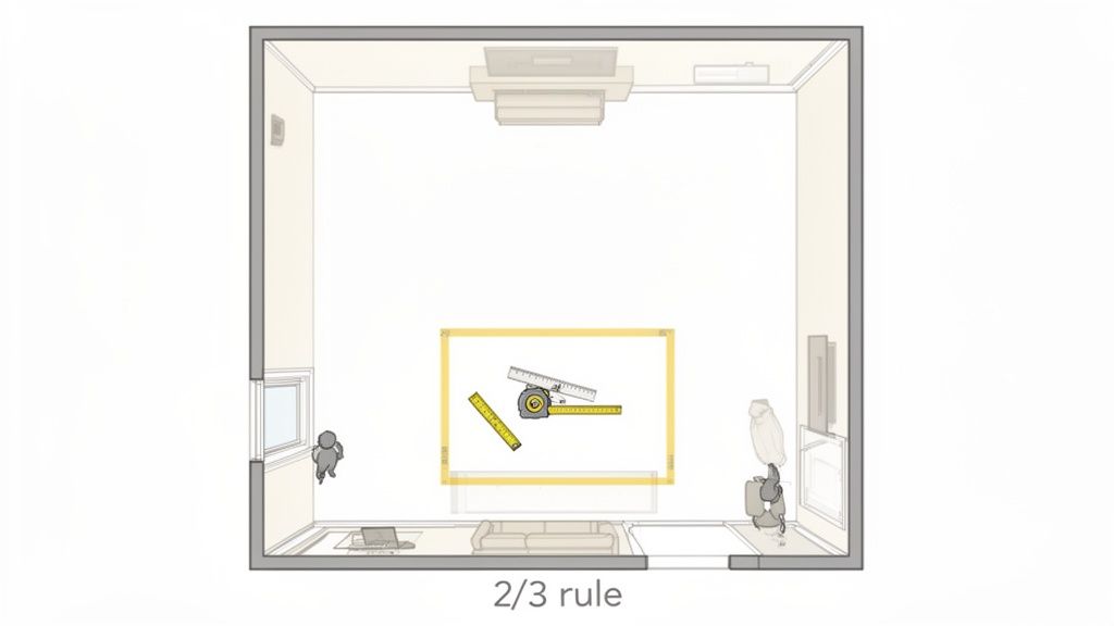 Overhead view of a room layout with measurement tools, illustrating the '2/3 rule'.