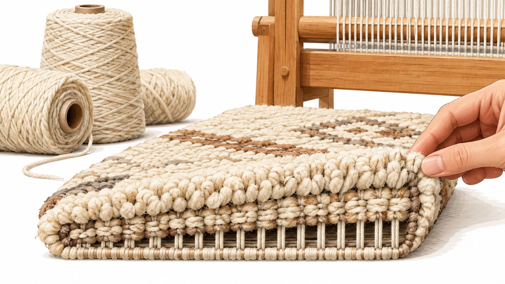A close-up of a hand lifting the edge of a woven rug made with Nordic knots yarn.