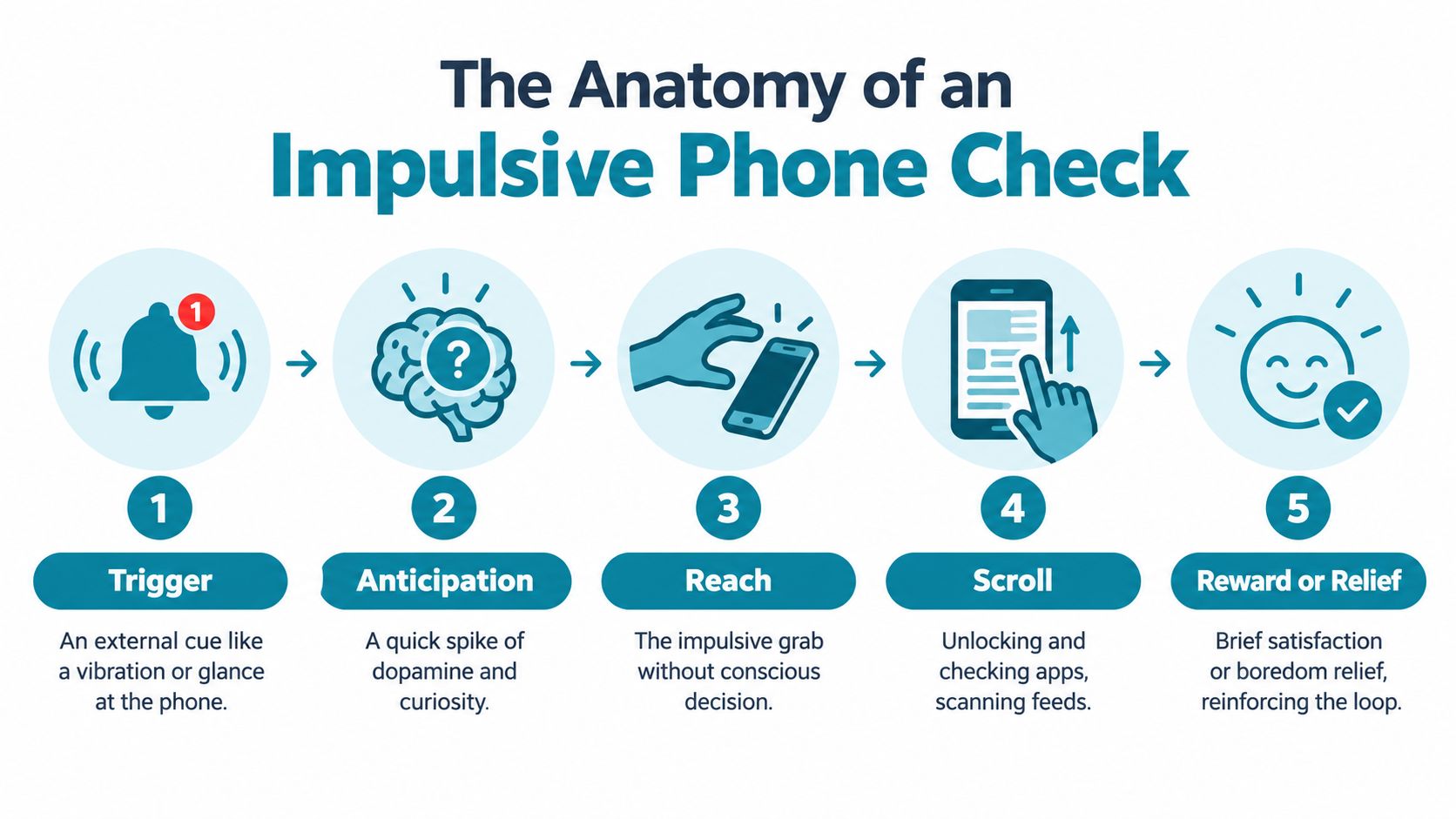 A five-step infographic showing the psychological process behind an impulsive phone check, from trigger to reward.