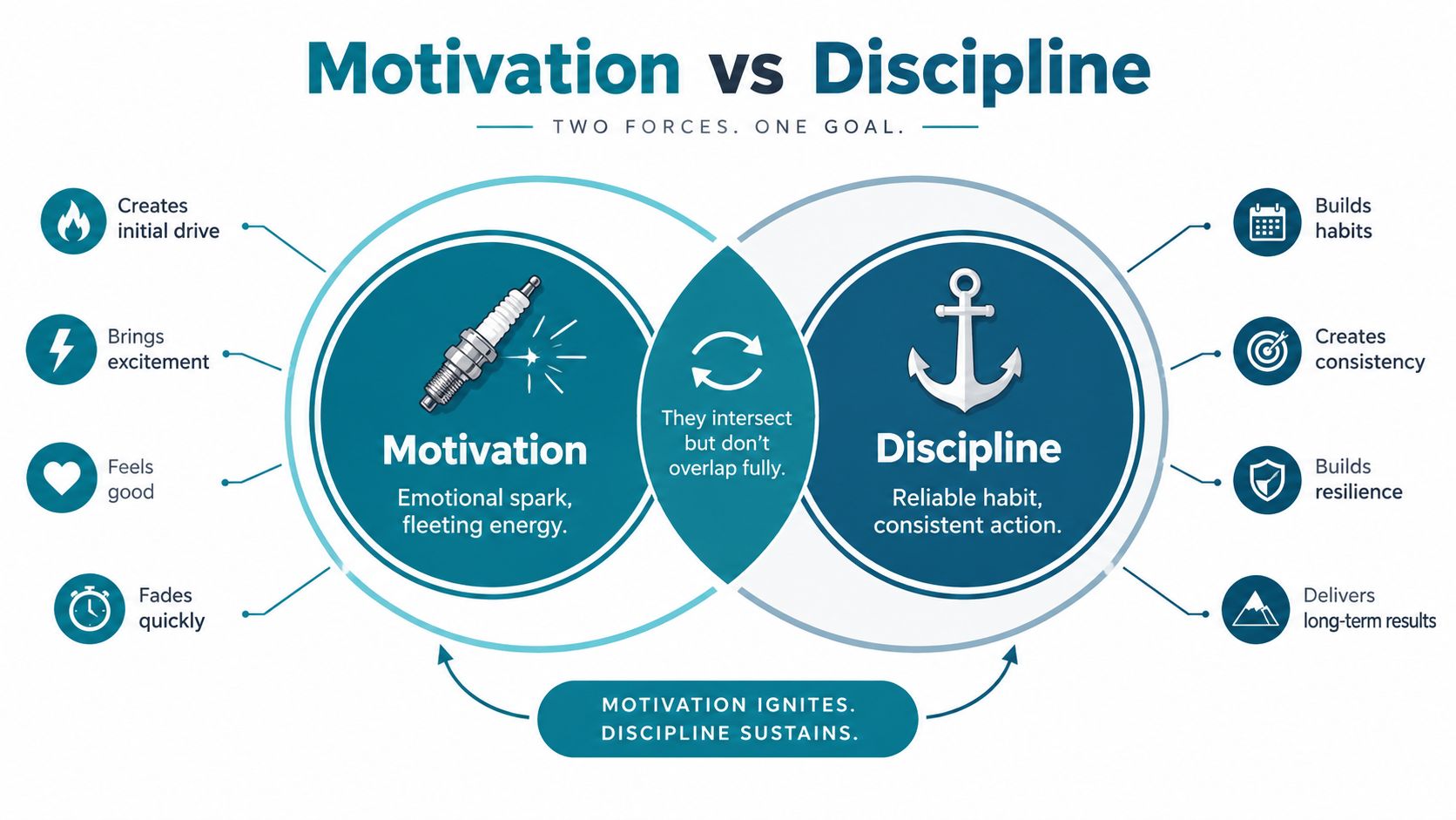A Venn diagram comparing the fleeting spark of motivation against the consistent, long-term power of discipline.