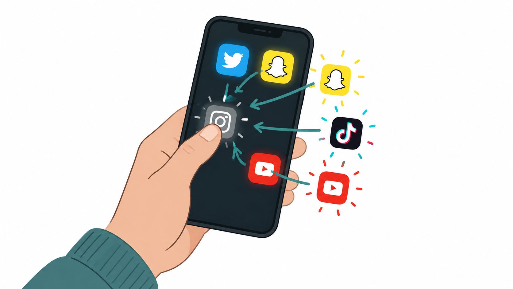 A hand holding a smartphone showing an Instagram icon absorbing other social media app icons like Snapchat and TikTok.