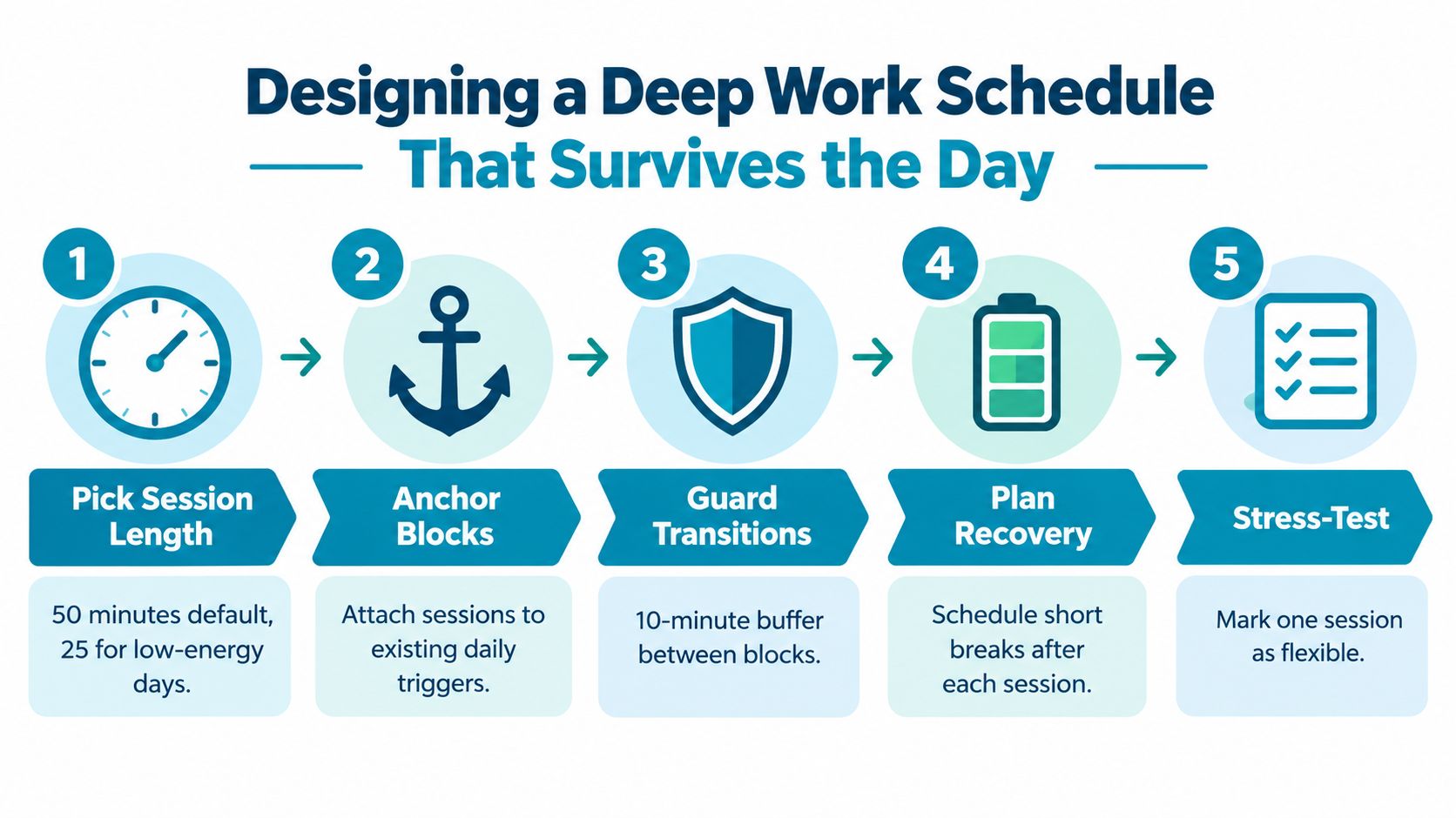 A five-step infographic illustrating a process for designing a flexible and effective deep work schedule.