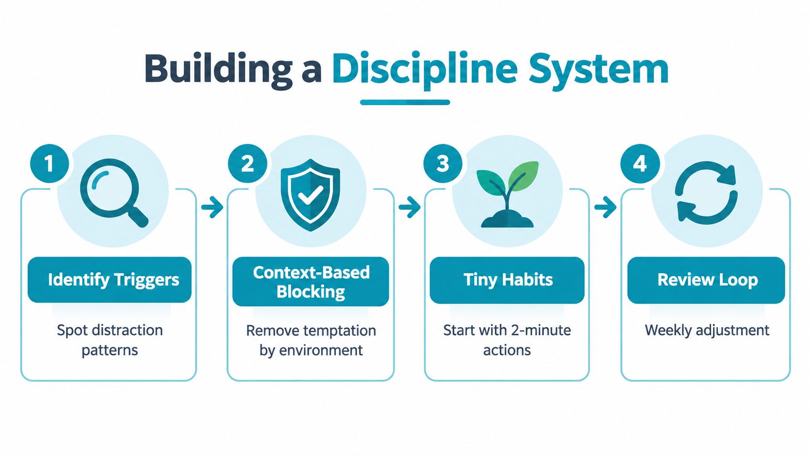 A four-step infographic illustrating a system for building discipline through habits and environmental management strategies.