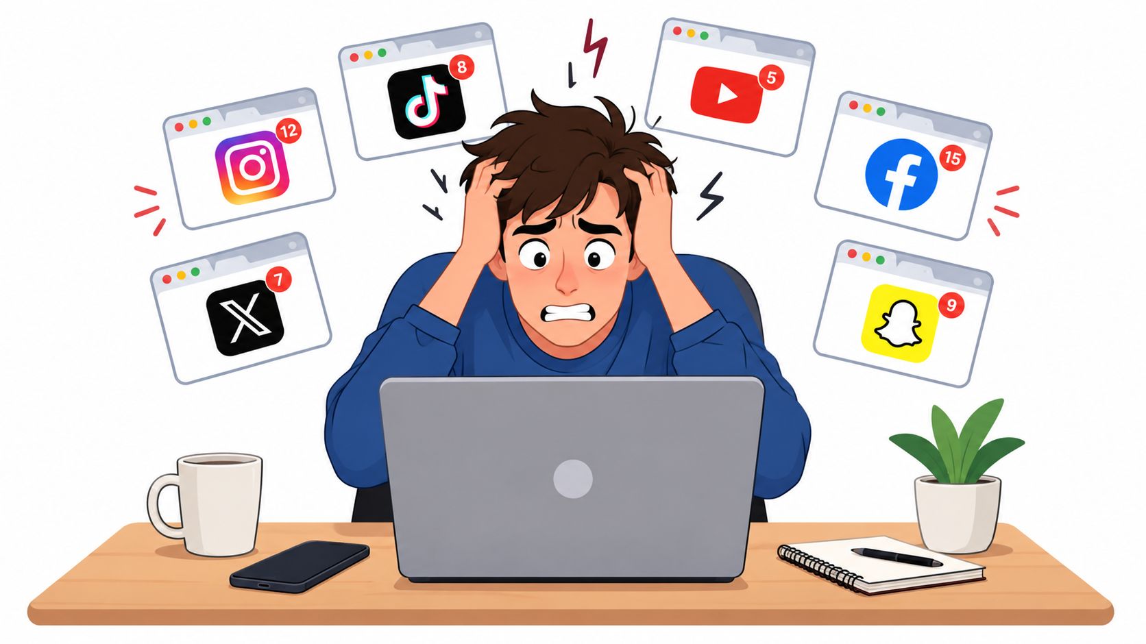 A stressed man sitting at a laptop overwhelmed by numerous social media notifications and open tabs.