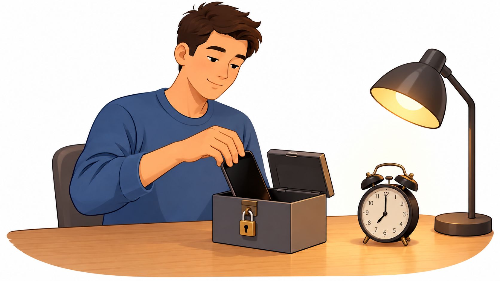 A young man putting his smartphone into a lockable metal box on a desk at night.