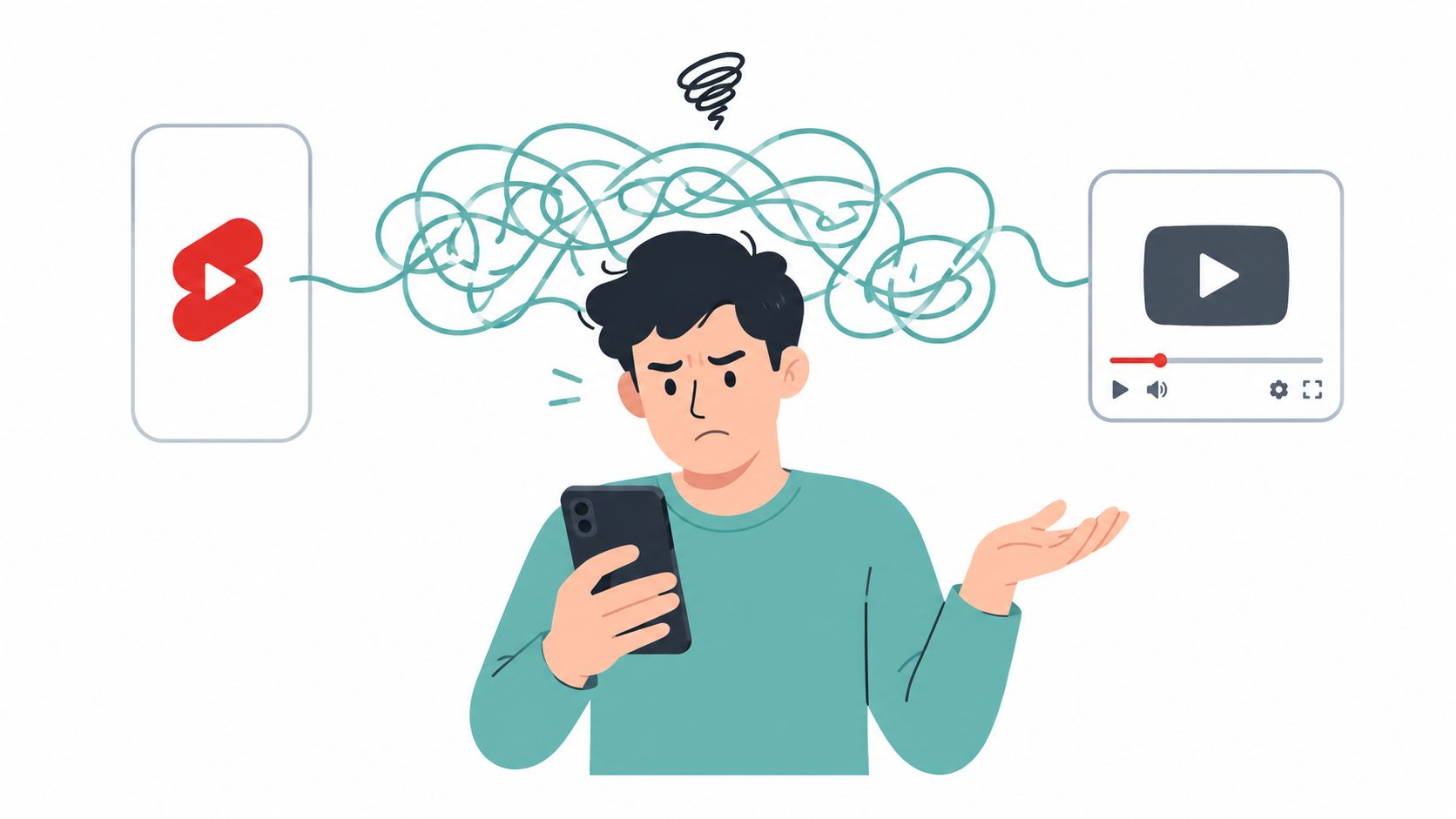 A confused person holding a smartphone surrounded by tangled lines between YouTube Shorts and video player icons.