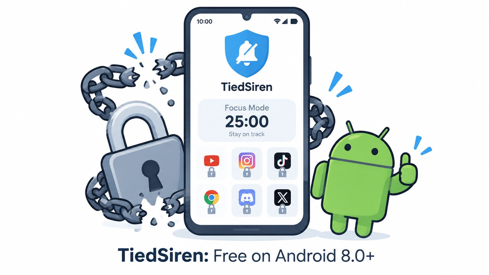 A smartphone app called TiedSiren on Android showing a focus timer and blocked social media apps.