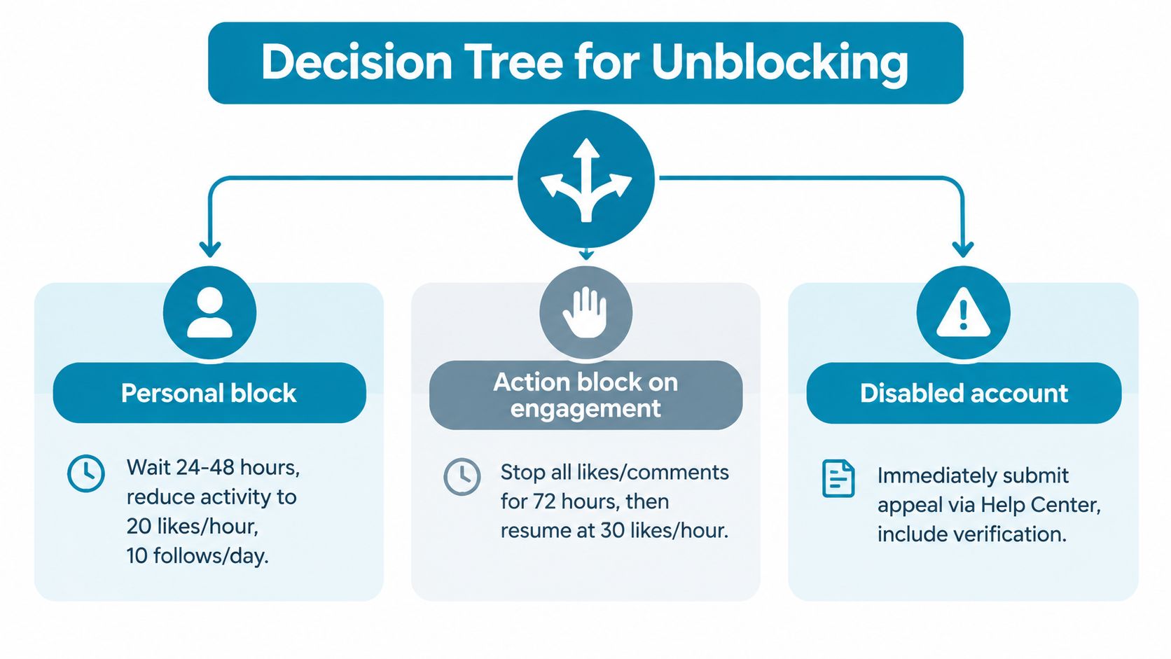 A decision tree flowchart illustrating steps to resolve different types of Instagram account blocking issues.