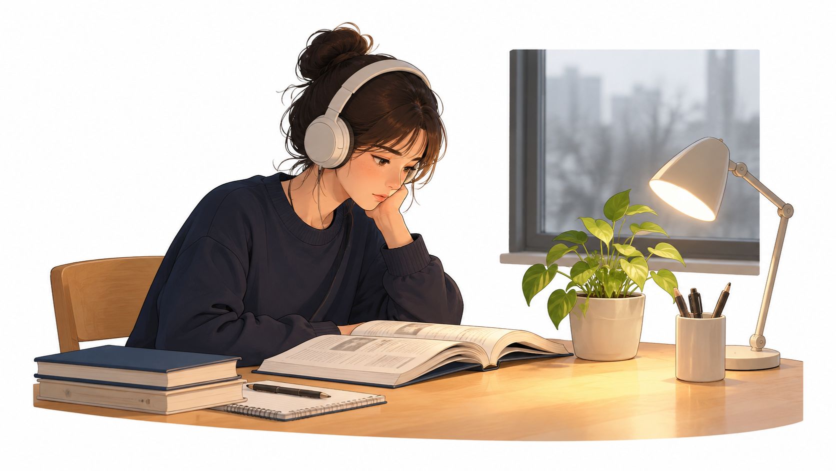 A young woman wearing headphones studies at a desk with an open book, lamp, and indoor plant.
