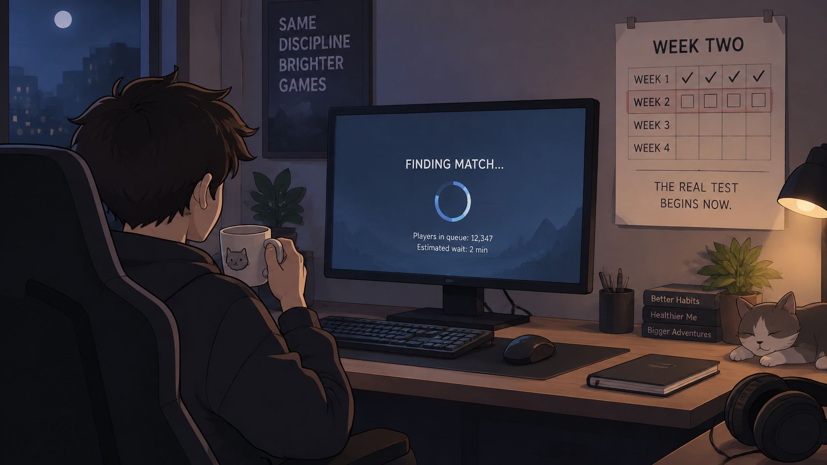 An anime style boy drinking from a cat mug while waiting for a game match on computer.