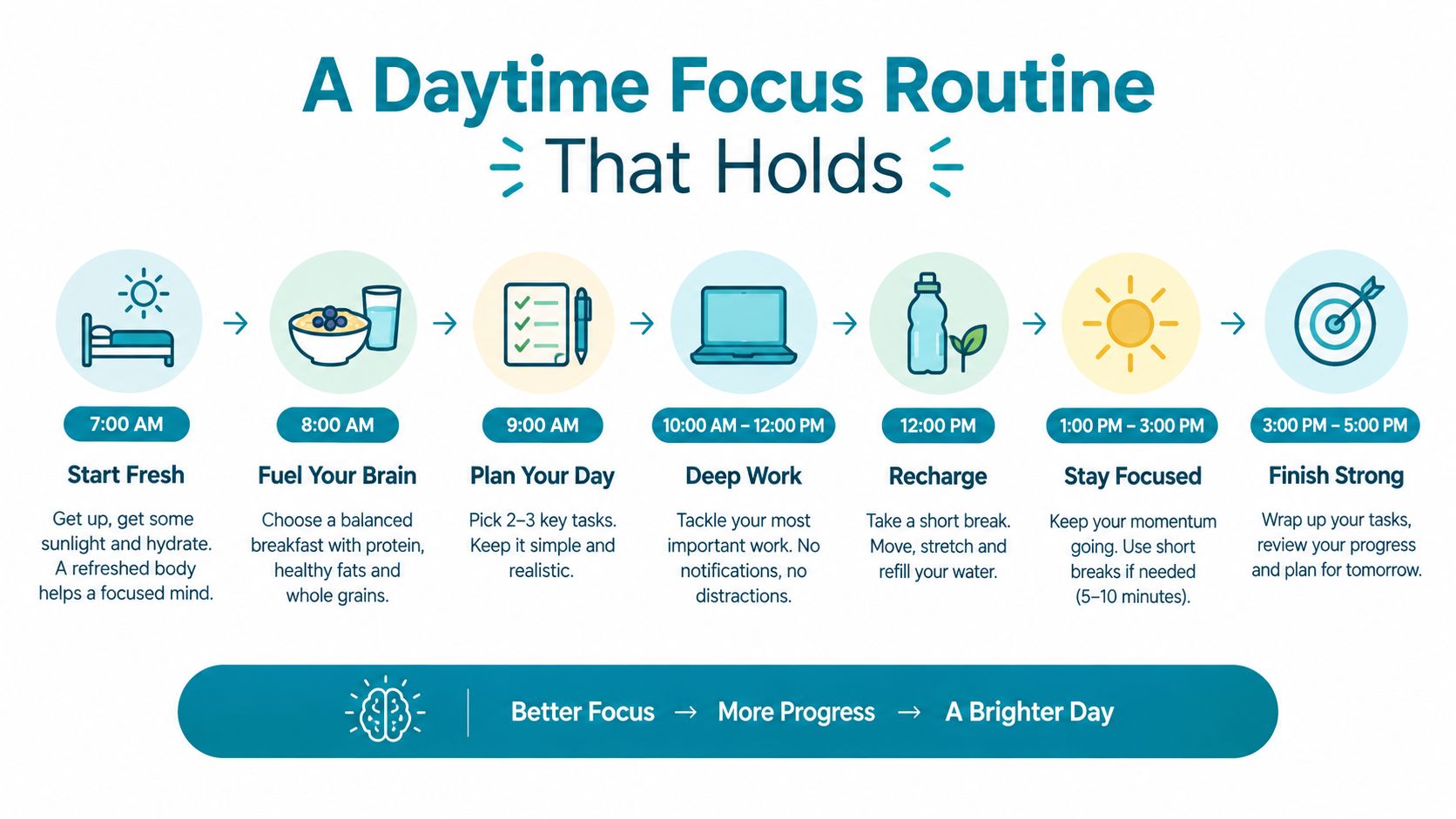 A visual guide outlining a daytime focus routine with hourly tasks from 7:00 AM to 5:00 PM.