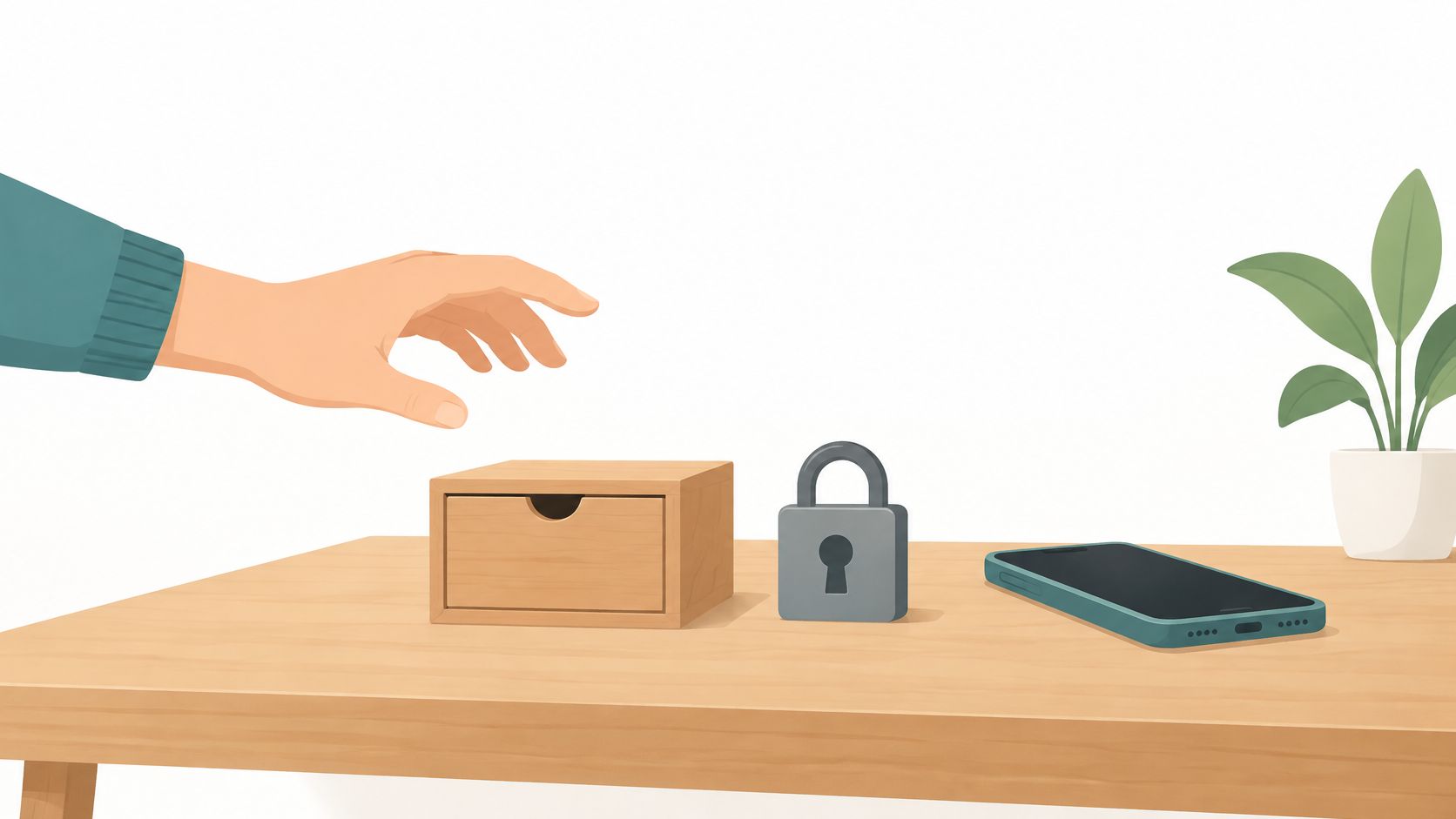 A hand reaching toward a locked wooden box and a smartphone on a desk, representing impulse control.