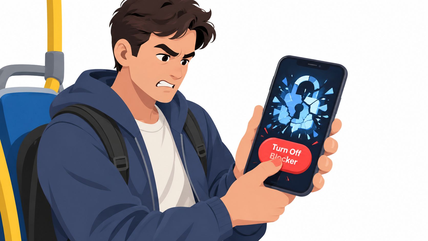 A frustrated young man on public transport looking at his phone with a broken lock icon displayed.