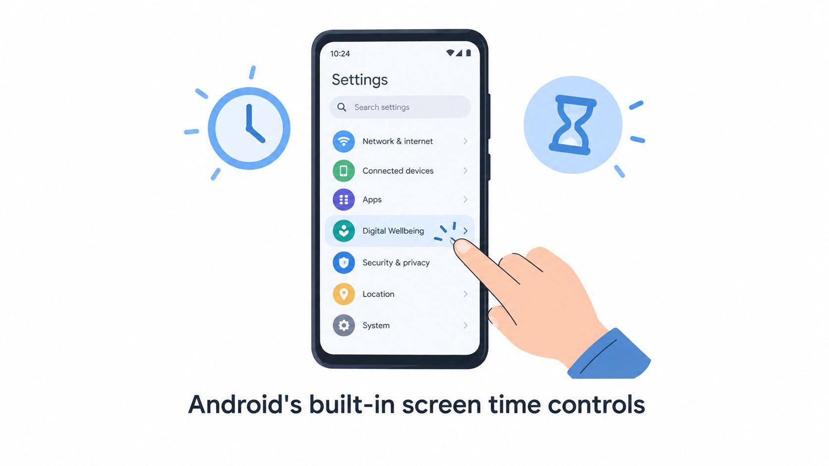 A hand selecting the Digital Wellbeing option in Android settings to access built-in screen time controls.