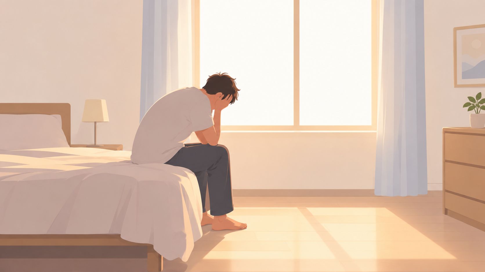 A lonely man sitting on the edge of a bed, covering his face with his hands.