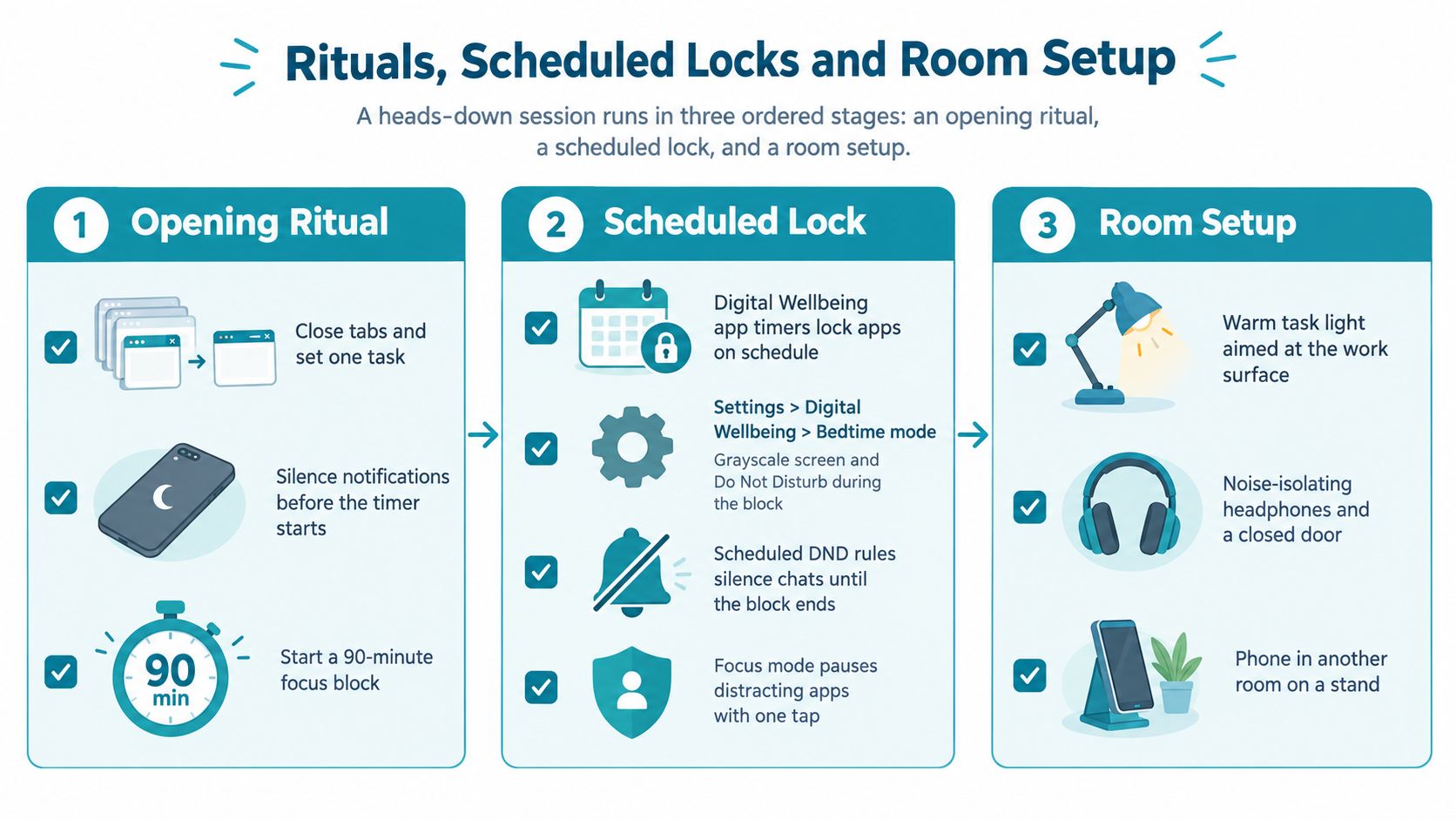 An infographic showing a three-stage routine for achieving a productive heads-down work session through rituals and environment.
