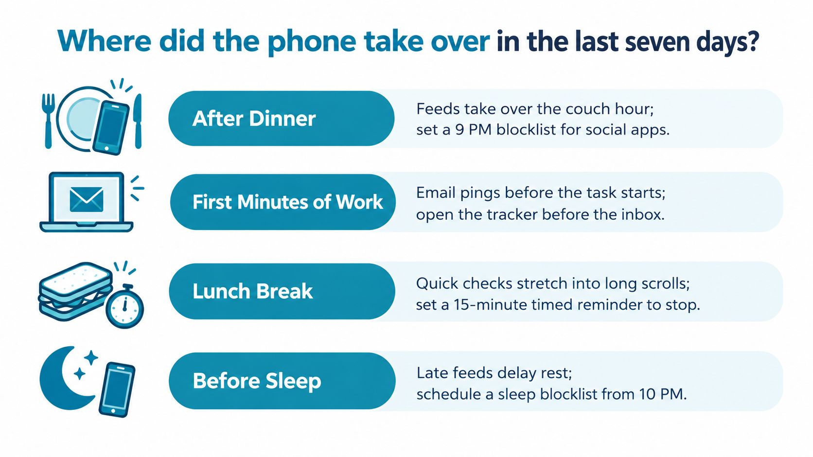An infographic showing four common daily time slots where phone usage disrupts focus and productivity.