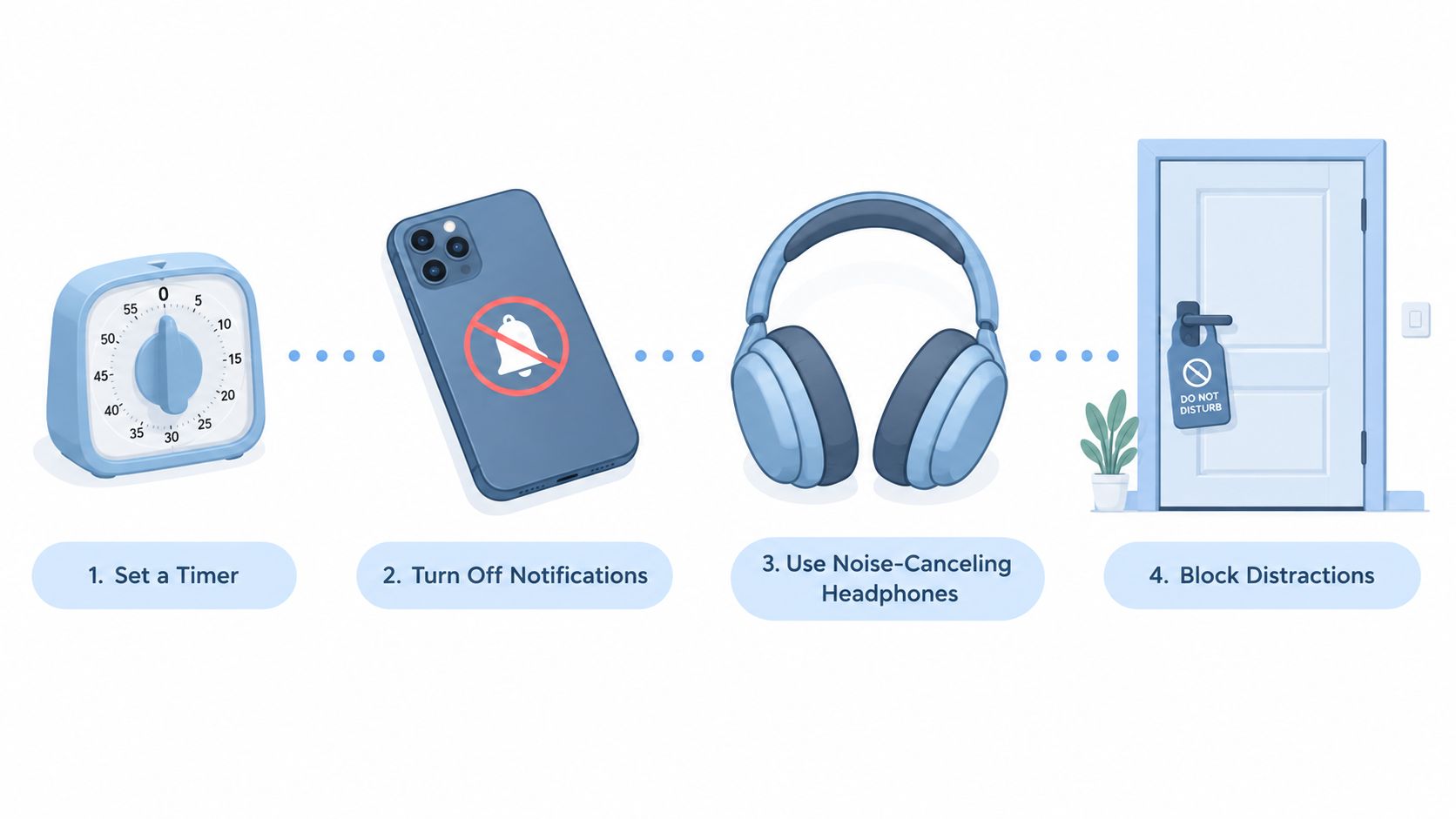 An infographic showing four steps for deep focus: timer, turning off notifications, noise-canceling headphones, and blocking distractions.