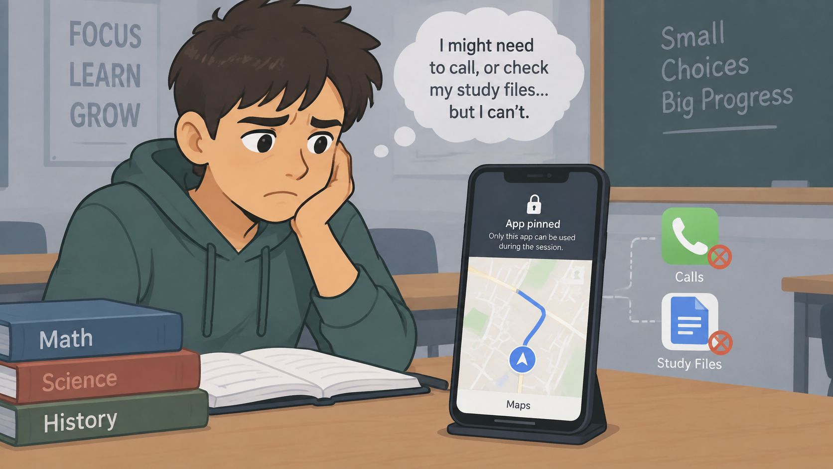 A student in a classroom feeling frustrated because his phone is locked to a navigation app.